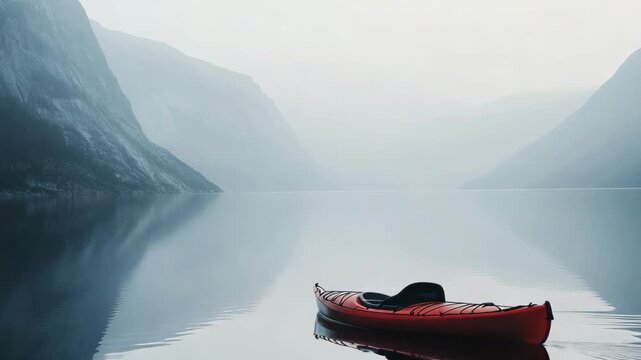 A person kayaks on a clear lake in the morning. The water is still and reflects the mountains on both sides. Fog covers the area, creating a unique view