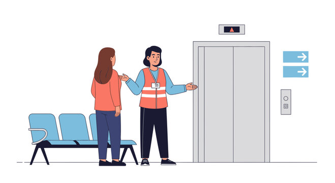 Elevator attendant assisting passenger in waiting area