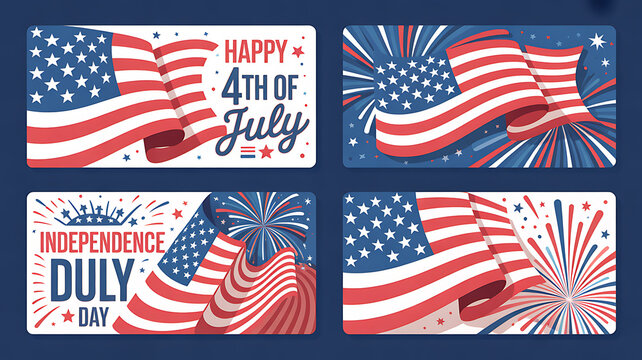 Independence day celebration banners set. 4th of july felicitation greeting cards with waving american national flag on blue background. USA country federal patriotic holiday. Vector illustration