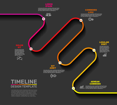 Gradient winding ribbon road timeline infographic template with placeholder text, thin line business icons. Vector illustration.