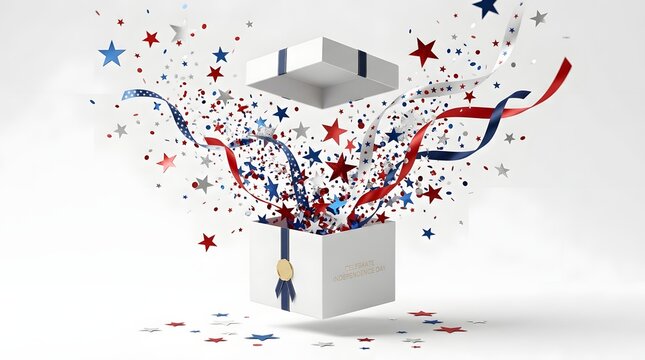 Open gift box with exploding patriotic stars and red white blue ribbons