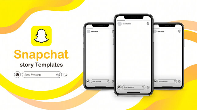 Snapchat story interface mockup for iPhone. 2026 social media UI template design with smartphone screens. Mobile app layout for story posts. Yellow brand background with logo and messaging bars.