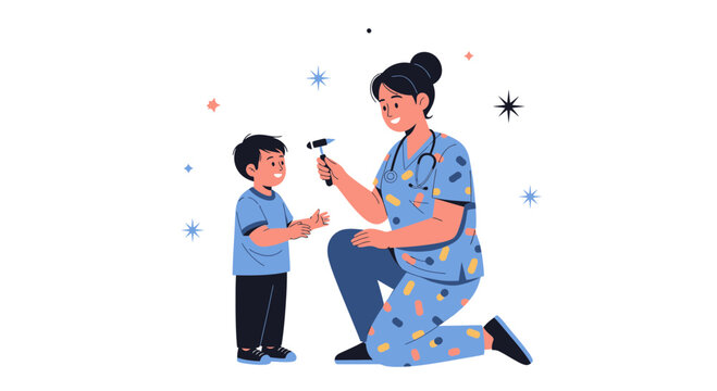Pediatrician examining young boy with reflex hammer, bright clean background.