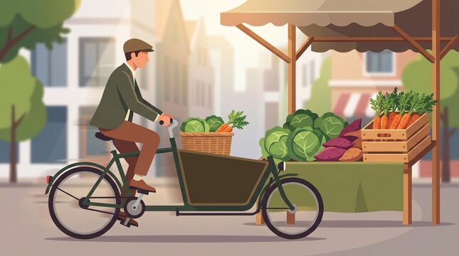Man riding a cargo bike loaded with fresh turnip and cabbage past a local farmers market stall during a sunny day in a city setting.