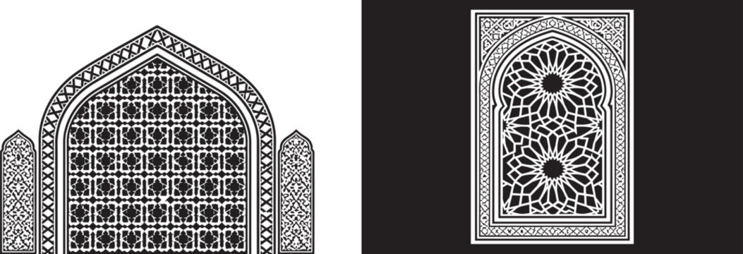 Islamic geometric arch vector patterns with traditional arabic ornaments and oriental window designs for ramadan decoration