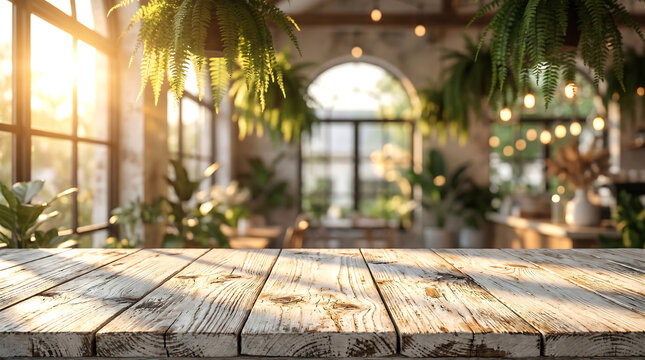 Empty wood table in botanical cafe interior with green hanging plants and sunlight for product mockup background