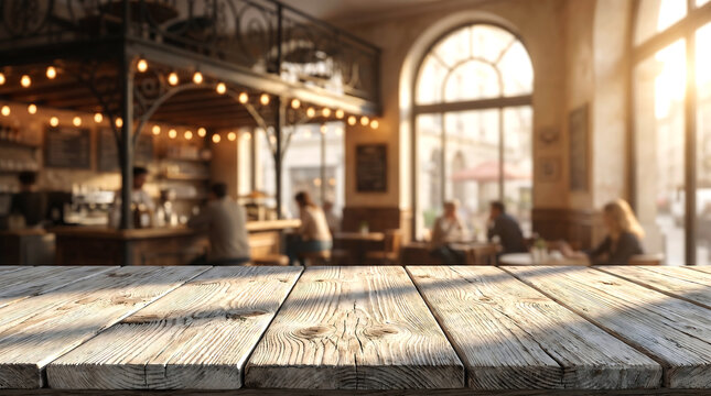 Wooden table in cozy bistro bar interior with warm hanging lights and blurred restaurant background for mockup