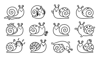Happy snail character doodle icon collection with cute hand drawn outline clipart vector set for kids design projects © Emdadul