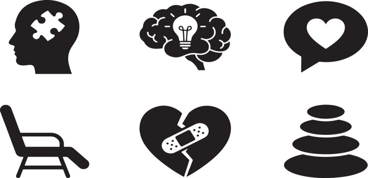 Mental Health and Psychology Icon Set, Emotional Wellness Vector Black and White Minimalist Therapy Healthcare Icons