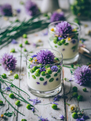 Obraz premium Fresh green peas pudding dessert with chive blossoms served in glasses on white rustic wooden table background, creative healthy vegan appetizers snack, beautiful summer seasonal food photography