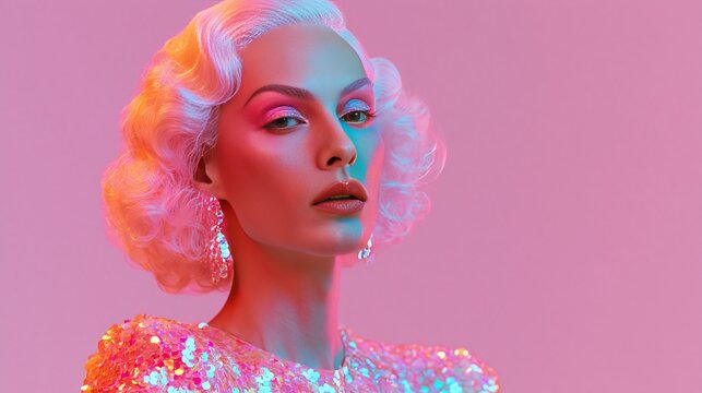 Drag performer with platinum blonde hair and bold makeup wearing a sparkling sequin outfit, illuminated by vibrant pink and blue lighting in a studio setting
