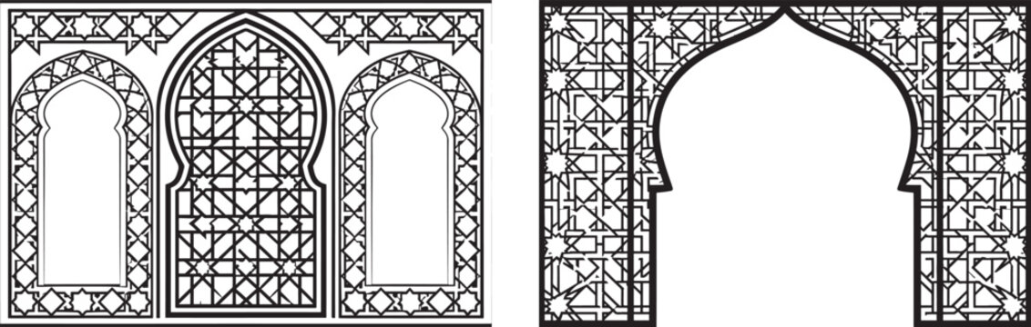 Islamic arch vector templates with traditional Arabic geometric patterns for laser cutting and decorative panels
