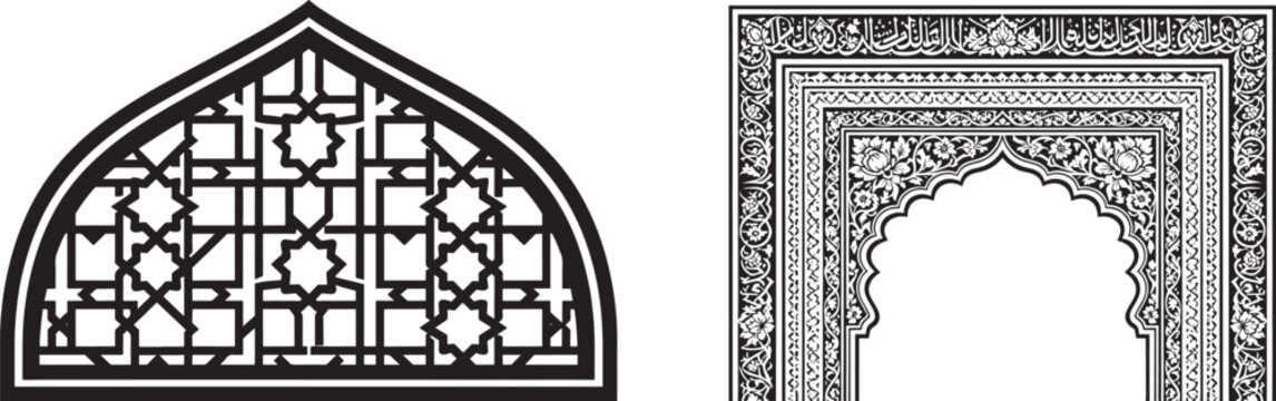 Islamic geometric arch window lattice and ornate floral arabesque frame vector set for traditional oriental design