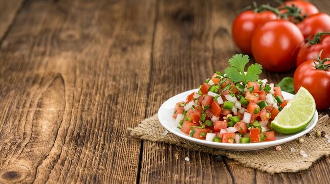 Freshly made pico de gallo salsa served with lime and ripe tomatoes on rustic wood