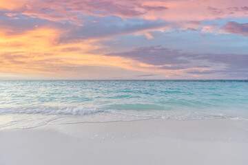 Obraz premium Sea sand sky concept, sunset colors clouds, horizon, horizontal background banner. Gorgeous nature landscape, beautiful colors, wonderful sun rays, tropical beach. Mediterranean sunset summer vacation