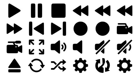 Fototapeta premium Media Player Control Icons Vector Silhouette Set with Play Pause Stop and Video Symbols