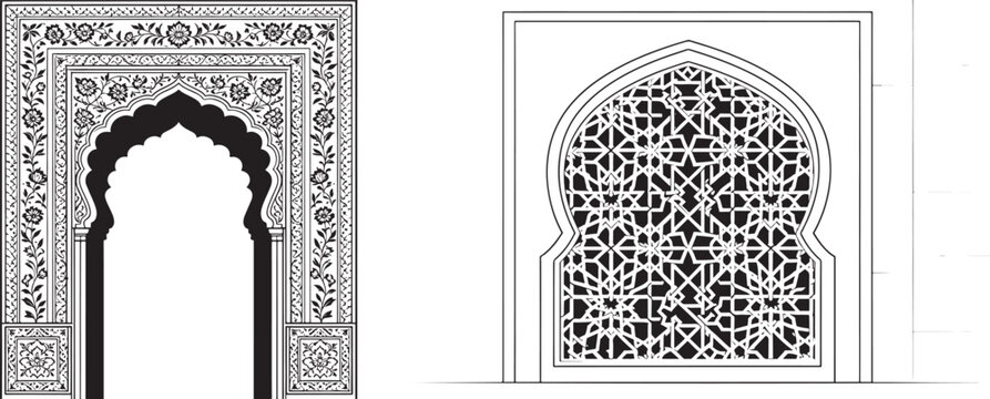 Traditional Islamic and Mughal architectural arch vector designs with ornate floral borders and geometric lattice patterns