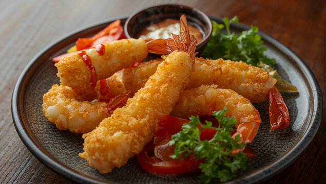 Crispy golden fried breaded shrimp tempura served on a black plate with dipping sauce and fresh vegetable garnish asian cuisine japanese food photography ebi fry party food wooden table