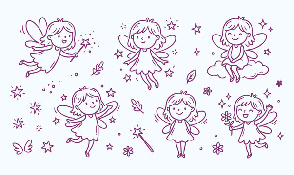 Vector line art doodle of a cute fairy