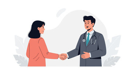 Fototapeta premium Doctor and patient shaking hands, symbolizing trust and care in medical consultation, vector illustration.