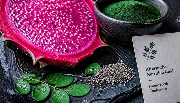 Dragon fruit, spirulina powder, and moringa leaves on a dark stone background for a nutrition guide