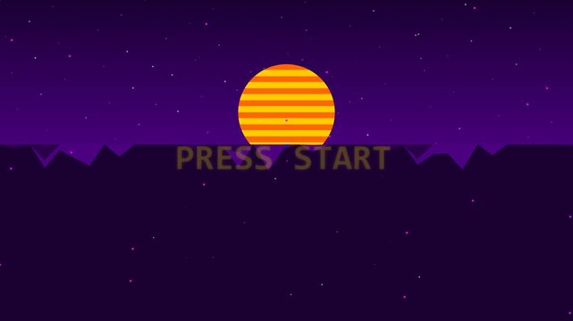 Retro gaming press start screen interface featuring vibrant synthwave sunset over dark mountains with glowing yellow text and starry purple background sky art