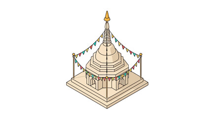 Fototapeta premium Isometric Buddhist Pagoda with Colorful Prayer Flags Vector Illustration