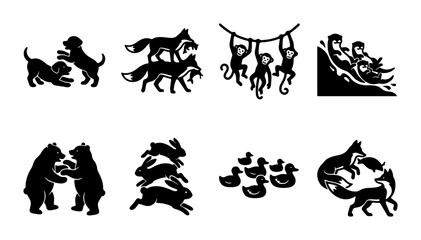 Fototapeta premium Playful Animal Silhouettes: Dogs, Foxes, Monkeys, Bears, Rabbits, Ducks, 8 Vector Icons for Children's Books and Graphics