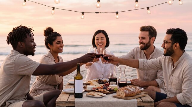 Diverse group of friends toasting with wine glasses at beach dinner party during sunset enjoying food cheese bread and celebration lifestyle moment with string lights hanging above