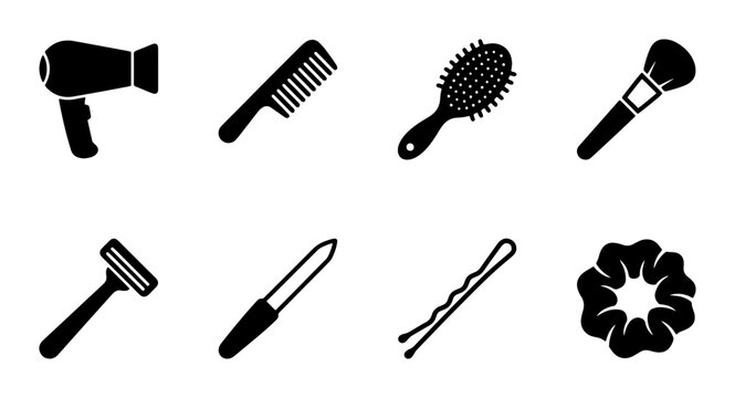 Black Silhouette Icons: Hair Dryer, Comb, Brush, Makeup Brush, Razor, Nail File, Bobby Pin, Scrunchie Set