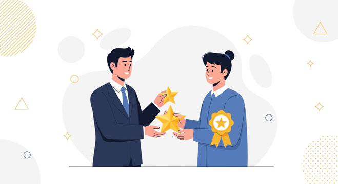 Business people exchanging stars and award ribbon, symbolizing achievement, recognition, and excellent customer feedback.
