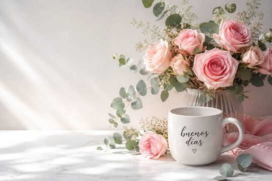 buenos d&iacute;as cup of coffee with roses