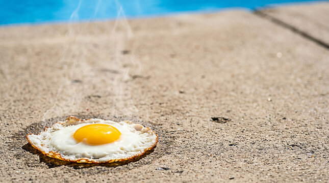 Sidewalk Egg Frying Day observed during the peak of summer with an egg cooking on hot concrete as an extreme weather concept of high ambient temperature