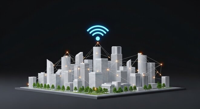 A futuristic smart city model with glowing wireless technology connections and a wifi symbol