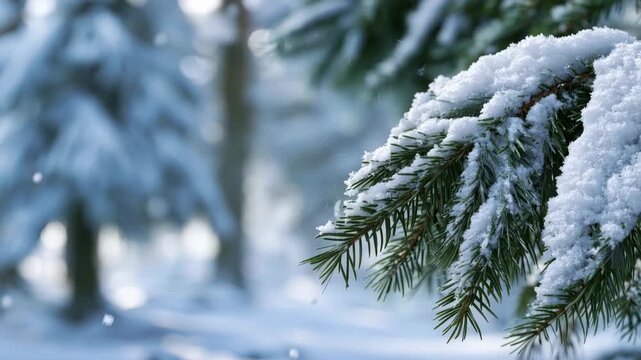 Snow covered evergreen branch in peaceful winter forest with soft blurred background