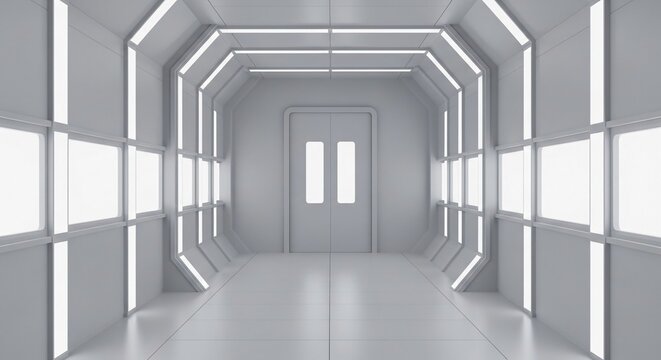 Expansive futuristic space station corridor with bright geometric lighting and central double doors