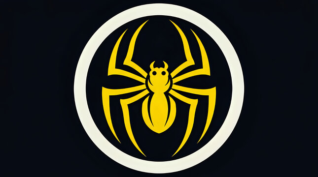 Graphic illustration of yellow spider emblem inside a white circle on black background