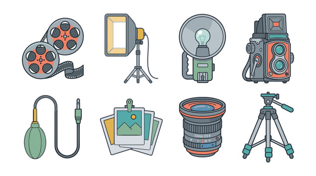 Vintage photography and filmmaking equipment icon set featuring movie reel softbox flash dual lens camera cleaning bulb lens and tripod