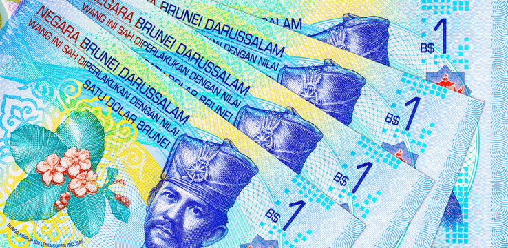1 Dollar Brunei banknote featuring the portrait of Sultan Hassanal Bolkiah. Currency of Brunei. Polymer money.