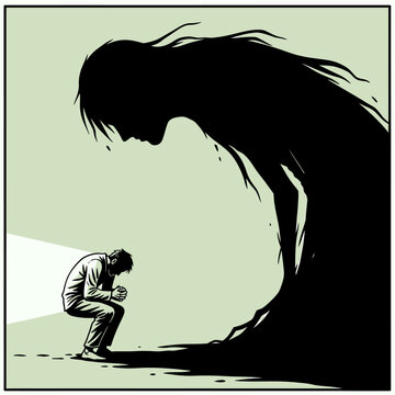Metaphorical illustration of a depressed man crouched beneath a looming giant dark shadow figure