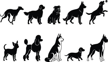 Black silhouettes of various dog breeds © Anas
