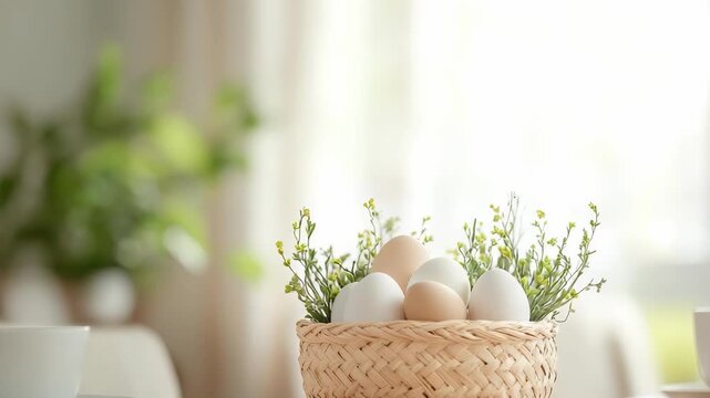 A person fills a woven basket with colorful eggs and small flowers. The basket is placed on a table in a bright room with greenery in the background