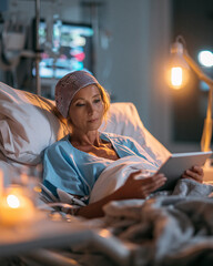 Obraz premium Compassionate Healthcare: Woman in Nighttime Hospital Scene Reading on Tablet in Bed