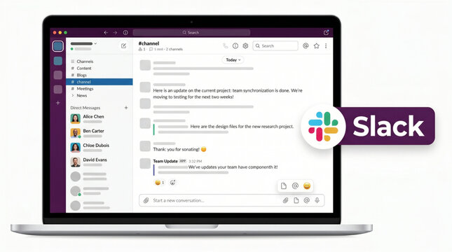 Slack application interface mockup on laptop screen. 2026 team collaboration messaging software layout. Business communication UI template with channels, direct messages, and chat history display.