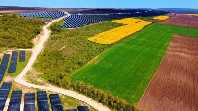Solar farm and farmland from high altitude. Dirt roads curve between panel clusters, rapeseed patches and green meadows under clear sky.