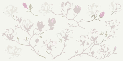 Pink magnolia flowers watercolor illustration on a light beige background © Mamata