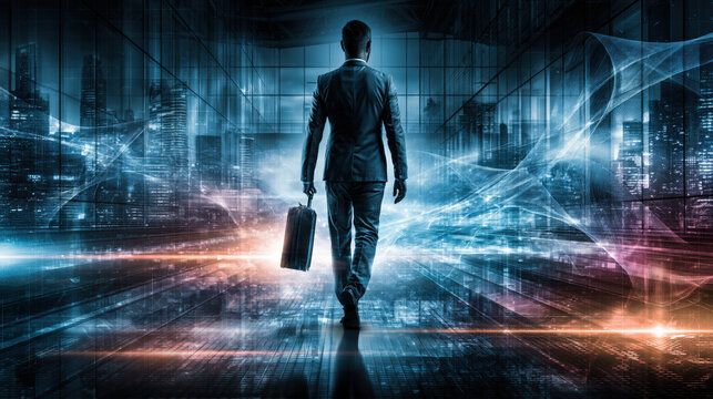 Futuristic business corporate leader technology concept digital transformation innovation success professional ambition modern city abstract light Confident businessman walks through futuristic