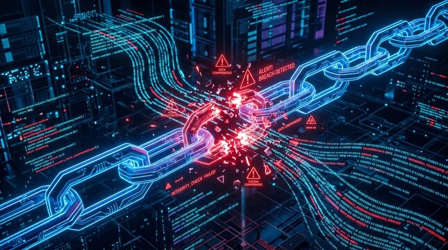 Abstract representation of a broken cybernetic blockchain link, digital security threat, data hack concept, futuristic neon technology network