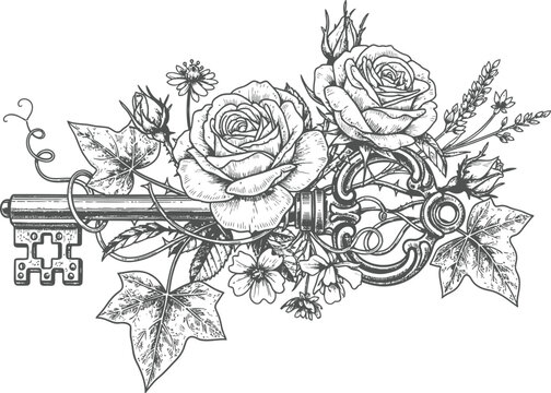 Vintage key adorned with roses and leaves