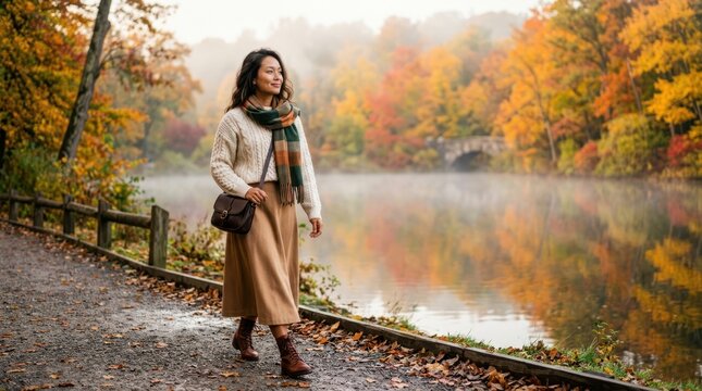 Woman walking by a misty lake during vibrant autumn foliage season